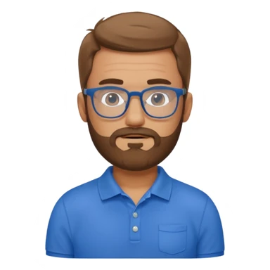 A tanned bearded man wearing glasses and a blue polo sticker