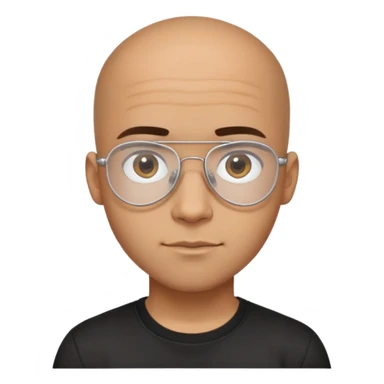 Young Latino man with small oval face and big forehead, clear lens aviator-style eyeglasses with metal frames, completely bald/shaved sides with very short curly dark hair only on top of head, neutral-friendly expression, brown skin, wearing a black t-shirt sticker