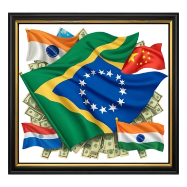 money flowing from emerging finance and energy industries. showing flags about Brazil, India, China, Russia, and the Gulf States sticker