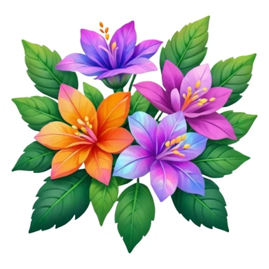 bouquet. resolution of 5000x5800 pixels. transparent background. design should emphasize clean, thin, smooth lines to enhance the visual appeal. Bouquet of lush mixed flowers should be depicted in purple, pink, orange iridescent, holographic, hues. Surround the flowers with realistic leaves, 8k sticker
