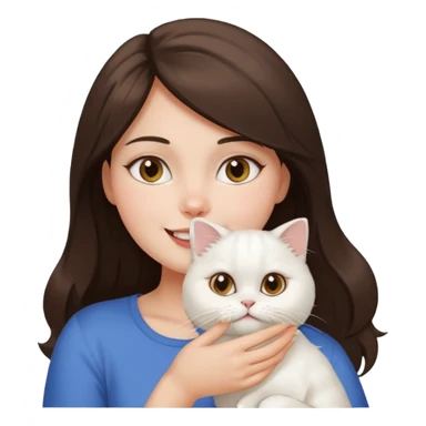 brunette girl holding a white Persian cat close to her face, both with happy expressions, apple emoji style sticker