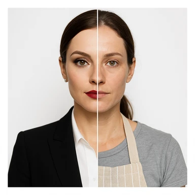 hyper realistic split-image of a woman, one half with elegant makeup and business suit, other half natural, homemaker apron, white background, symmetrical, clear contrast sticker