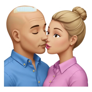 Mid aged Hispanic bald man kissing mid aged dark blonde white woman. She’s wearing a bun. He’s wearing a button down shirt. sticker