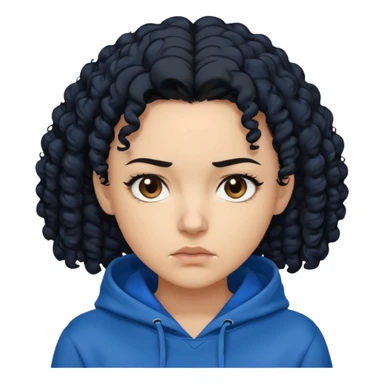 A woman with curly black hair, wearing a blue-black hoodie, and a slightly serious expression on her face. sticker