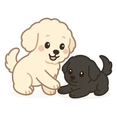large light cream colored goldendoodle and small black golden retriever, chibi style, playing together sticker