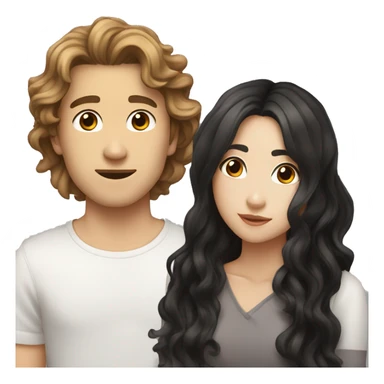 Make a guy that is young with brown hair and wavy medium  long hair  kiss a Asian white with medium long wavy black hair  sticker