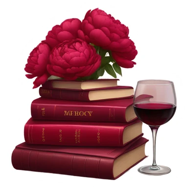 A crimson stack of books with deep red peonies and a glass of red wine sticker