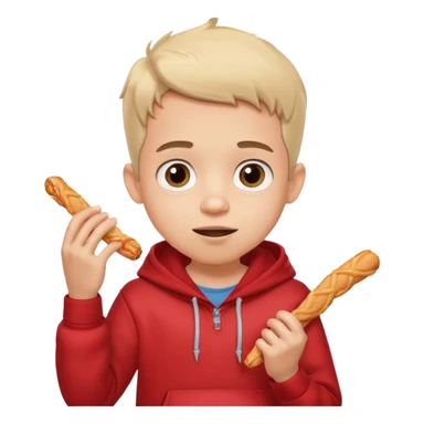 ute funny Spanish cartoon boy named Peque Tito, red hoodie, denim shorts, big expressive eyes, holding a churro, Pixar-style, viral character.” sticker