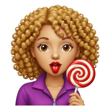 Light skin women with curly hair licking a lollipop sticker