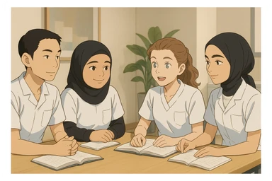 Four nursing students inspired by the photos, in Ghibli style, interacting around a table, wearing short-sleeved white uniforms with V-neck medical tunics, left chest pocket, no collar stand, no stethoscopes, bare forearms, long hair tied back for those who have it. Modern and minimalist indoor decor. sticker
