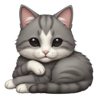dark grey and white small cat with his eyes closed, leaning his head on his paw while leaning on his elbow lying down sticker