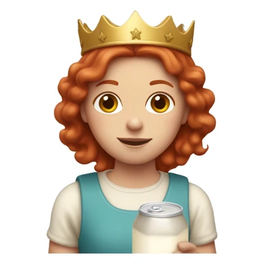 Red straight haired girl holding a milk carton wearing a crown sticker