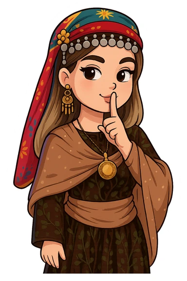 Kurdish cartoon sticker of the same woman in the new dress, making a 'shh' gesture with finger on lips, playful or secretive expression, no text, transparent background, chibi stickers style. sticker