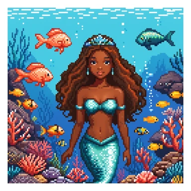 Dark brown skin beautiful mermaid princess in ocean setting with coral reef and fish sticker