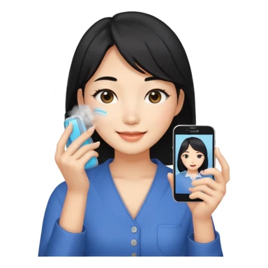 a korean cosmetics marketing expert women with black hair, holding face-mist and phone with smile on sticker