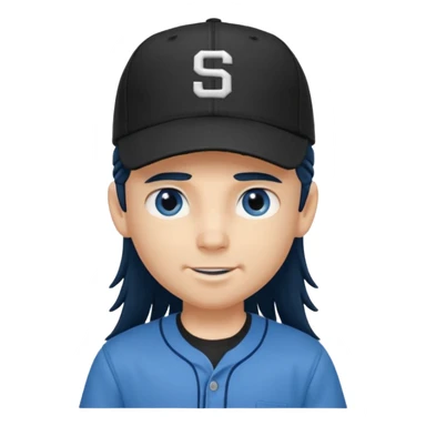 generate a pretty bratz boy wearing a dark blue button up shirt, long black mullet hair. Matching blue baseball cap on head. smirking sticker