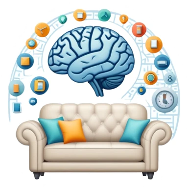 An icon featuring a brain, a couch, and a psychological test, symbolizing the study of psychology. The design includes abstract patterns representing the mind, with a calm, therapeutic setting in the background. Transparent background highlights the exploration of human behavior and mental health. sticker