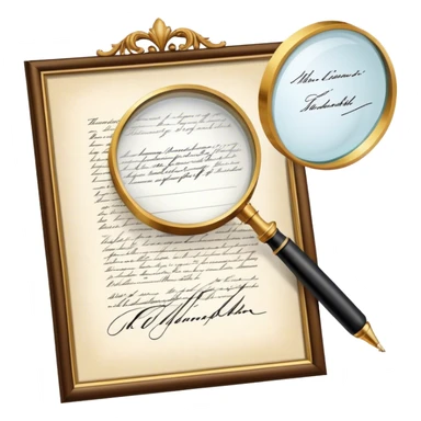 Icon for Autograph Collecting: a signed piece of paper or book page with a famous signature, surrounded by a magnifying glass, and a collection of several framed autographs. Transparent background. sticker