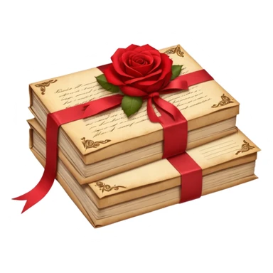 A beautifully arranged Stack of aged letters, tied with a red ribbon, envelopes, corespondence, aesthetic, red petals around sticker