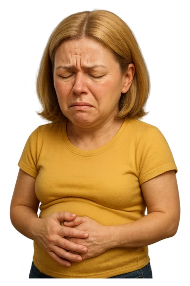 emoji stile iphone di donna con mal di pancia e pancia gonfia, iperrealistico 4k sticker