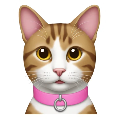 Brown and white tabby cat with pink collar sticker