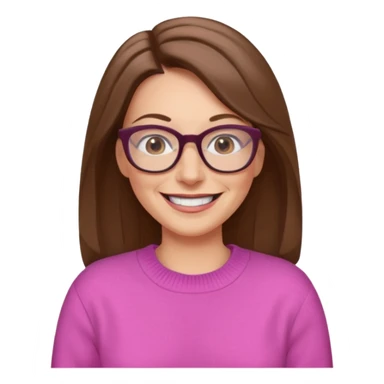 50 yr Caucasian woman, long brown hair parted on side, brown eyes, glasses,big smile, white teeth, pink sweater sticker