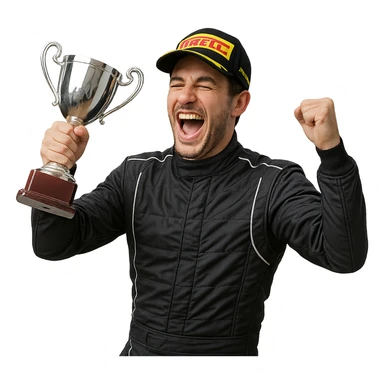 Formula 1 driver celebrating with a trophy, joyful expression, racing suit sticker