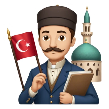 "A dignified historical poet with a mustache, wearing an Ottoman-era suit, holding a quill and paper, with the Turkish flag in the background, a mosque silhouette behind him, and a determined expression on his face." sticker
