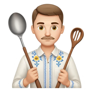 Ukrainian man in traditional white embroidered shirt holding a ladle and kitchen shears sticker