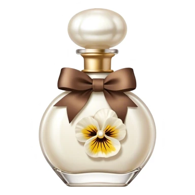 pearl white perfume bottle in vintage style and ivory colored pansies and brown bow sticker