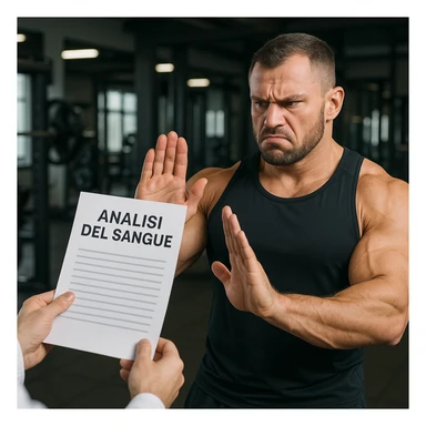 muscular bodybuilder in a gym with an annoyed expression, refusing a paper with the text 'Analisi del sangue' offered by a doctor, denial gesture with hand, wearing sportswear, Italian text, 4K quality sticker