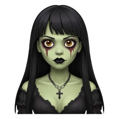 vampira gótica parda zumbi de cabelo longo e preto e franja e roupa com decote e batom preto sticker