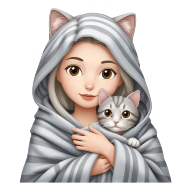 A beautiful woman wrapped in a blanket holding a silver tabby sticker