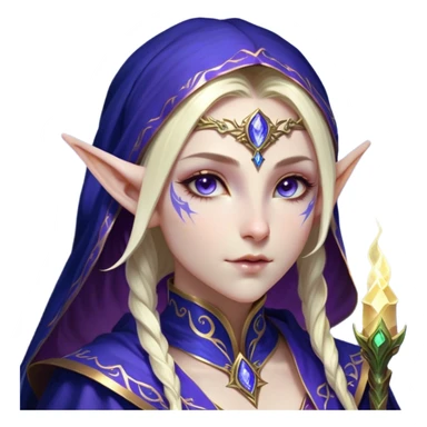 Cinematic Realistic WoW Elf Mage Portrait, head tilted epicly and inquisitively, showcasing a commanding presence and graceful arcane power. Her luminous, porcelain-like skin and delicate features, framed by an intricately detailed robe in deep blues and purples with golden accents, are rendered with lifelike clarity and dramatic, mystical lighting, high shine, epic and awe-inspiring, embodying the timeless magic of an elven mage poised to reshape destiny. sticker