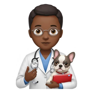 hombre médico que tenga un estetoscopio de color de tez negra que sostiene un bulldog francés blanco sticker