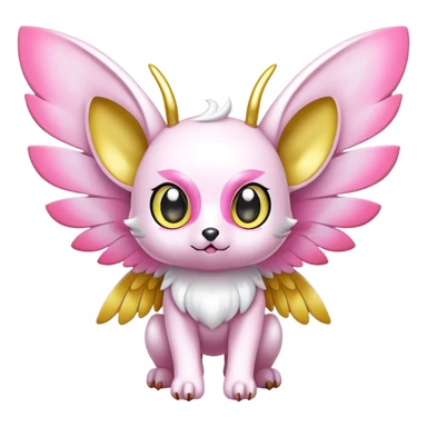 Shiny epic glittery divine white yellow pink animal-fakemon-creature with head-ear-wings, cute, adorable, big eyes sticker