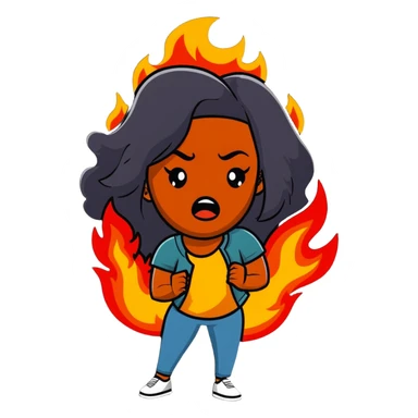 African American woman with long hair, frustrated expression, hair on fire sticker