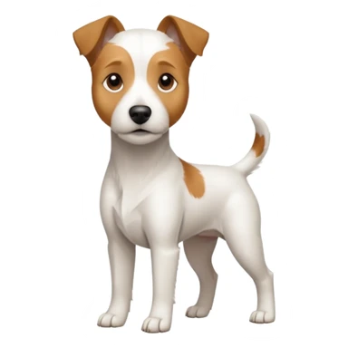 a full body white parson russell looking dog the size of a kelpie with light brown ears and a light brown patch on one eye and a large snout sticker