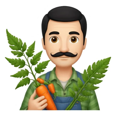 farmer emoji inspired by 🧑‍🌾, holding a fiddlehead fern instead of a carrot, with black hair, a moustache, and a light beard, resembling the attached reference photo sticker