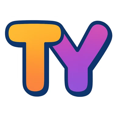 bold TY letters in a rounded, friendly font with gradient color fill, optimized for Slack emoji size sticker