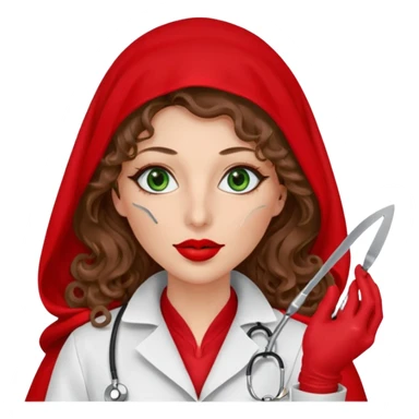 Lilith symbol sexy evil woman. She has green eyes.  had brown long curly hair.  evil surgeon kills with scalpel wears red sexy doctor coat with red mouth cover red gloves. Covers nose, neck  and mouth with Muslim red berka sticker
