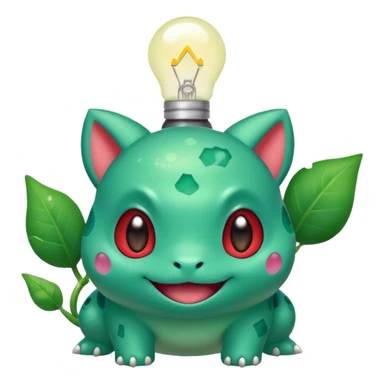 cute Bulbasaur Pokémon, rednote emoji style, sparkling eyes, small bulb on back, happy inviting expression, green and teal colors sticker