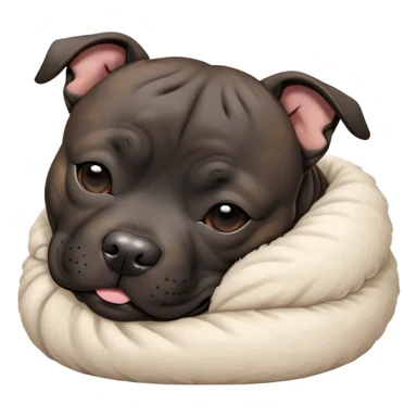 Meme-Worthy Cute Sleeping Black/Brindle Staffordshire Bull Terrier Portrait Emoji, Head resting peacefully with a contented smile, showcasing a delightfully compact build and a luxuriously soft Fur with an attractive black and brindle blend, eyes shut in a serene nap, Simplified yet hilariously adorable features, highly detailed, glowing with a soft, drowsy light, high shine, relaxed and utterly lovable, stylized with an air of playful laziness, bright and heartwarming, soft glowing outline, capturing the essence of a comically sleepy guardian, so meme-worthy it feels like it could instantly become the next viral sensation of adorable slumber! sticker