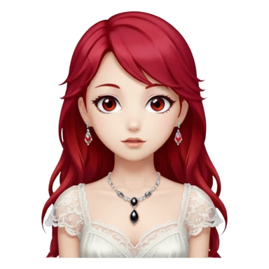 Beautiful shiny ethereal Gorgeous Anime Lady with dark hair and red hair streaks with a beautiful white silky lace dress and rubies and onyx gems  sticker