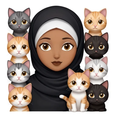beautiful brown skin hijabi with dark brown eyes and black hijab with six cat (one chubby calico cat, one chubby tabby cat, one tabby cat with left cataract eye, one tabby mix white cat, one black cat and marble tabby kitten) sticker