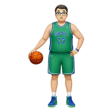 Full Body plus size tall white male with dark short hair basketball player wearing glasses wearing blue  with green uniform sticker