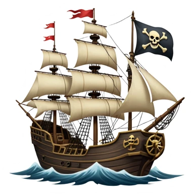 An icon representing an adventure game, inspired by high-seas exploration. The design features a fearless pirate gripping the wheel of a grand sailing ship, its tattered Jolly Roger flag billowing as it cuts through stormy waters. The scene evokes danger, treasure, and the thrill of the open sea. Transparent background. sticker