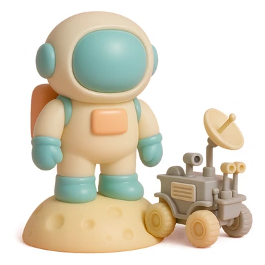 Add a detailed moon rover next to the vinyl figure style astronaut standing on the moon, keep the lunar surface details and original style sticker