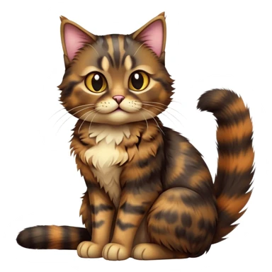 cinematic-[tortoiseshell tabby cat]-realistic-full-body-sitting-emoji,-tail-curled-playfully-around-its-paws,-head-tilted-dramatically,-scruffy-[dark tortoiseshell coloured]-fur,-simplified-yet-realistic-focused-features,-highly-detailed,-glowing-with-an-almost-sarcastic-glow sticker