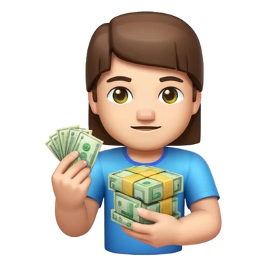 emoji style icon, minecraft blocky character holding a stack of money, pixel art style, bright colors, simple background, 3D glossy emoji, centered composition, soft shadow, high detail, clean outline, white background sticker